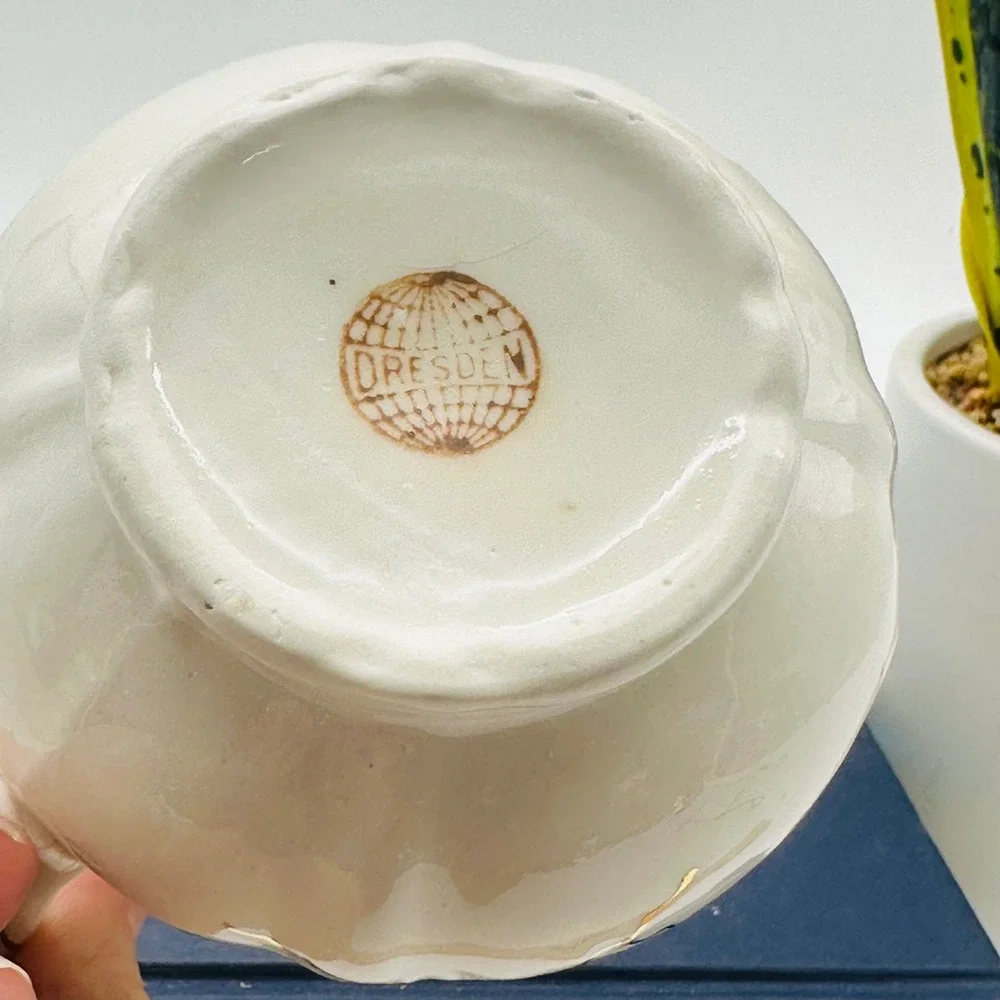 Dresden Vintage Porcelain Creamer Gold Gilt Filigree Scalloped White Pitcher